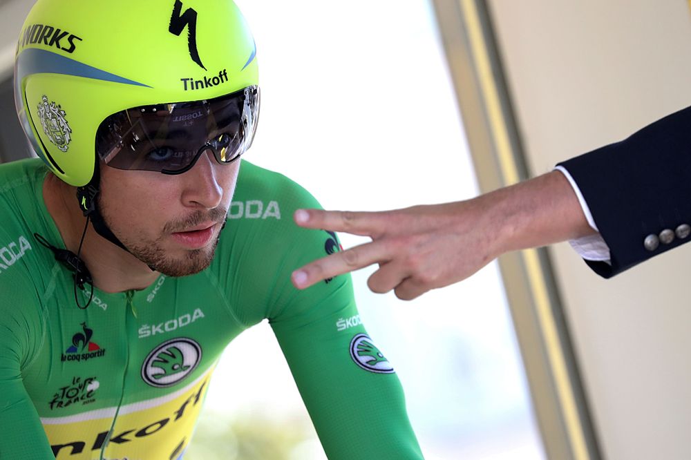 Peter Sagan (Tinkoff) in the Tour de France stage 13 time trial, wearing the points skin suit
