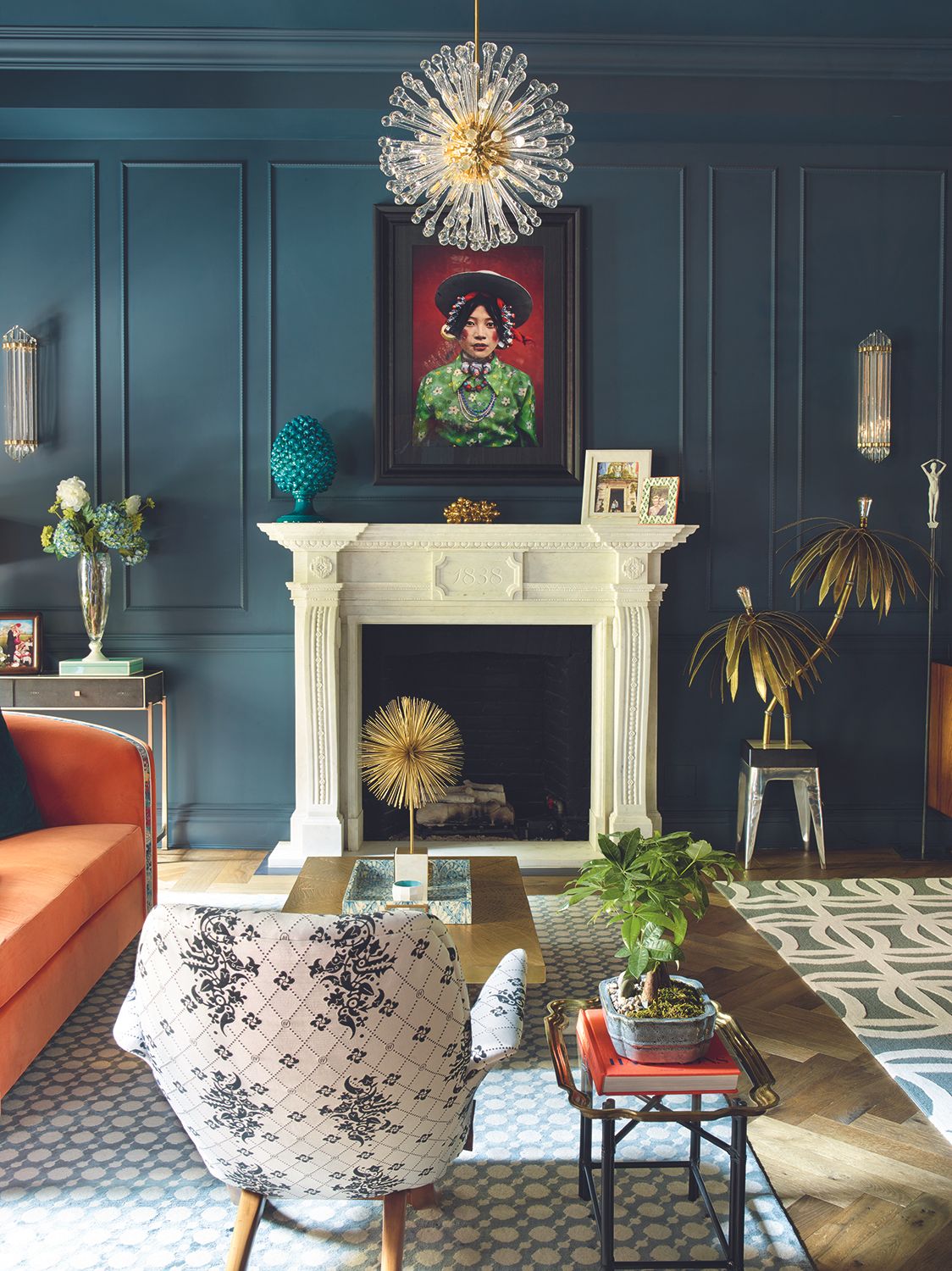 living room ideas blue walls white fireplace