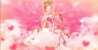 Dress To Impress - A Character in a pink dress sitting on a cloud in front of a pink background with love hearts