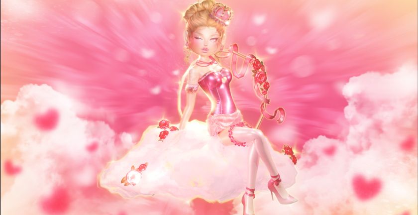 Dress To Impress - A Character in a pink dress sitting on a cloud in front of a pink background with love hearts