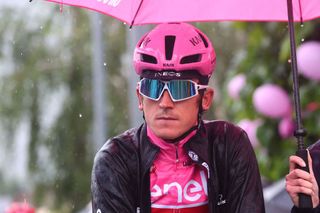 Overall leader INEOS Grenadierss British rider Geraint Thomas waits prior to the start of the thirteenth stage of the Giro dItalia 2023 cycling race 207 km between Borgofranco dIvrea and CransMontana on May 19 2023 Photo by Luca Bettini AFP Photo by LUCA BETTINIAFP via Getty Images
