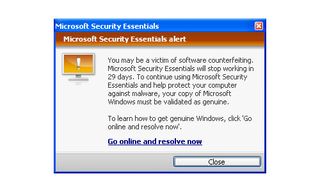 A dialogue box from the Windows XP version of Microsoft Security Essentials.