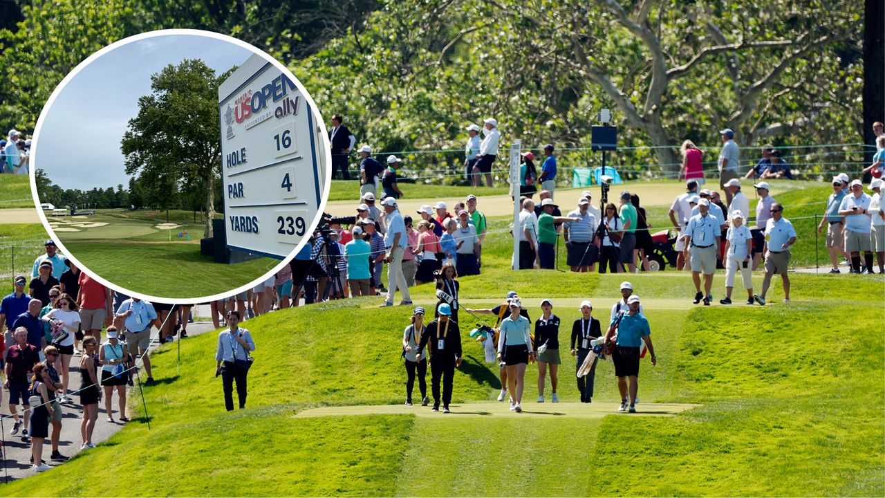 Main image of players walking down the 16th fairway at Lancaster Country Club - inset photo of the hole information board on the 16th tee box before Sunday&#039;s play of the 2024 US Women&#039;s Open