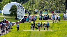 Main image of players walking down the 16th fairway at Lancaster Country Club - inset photo of the hole information board on the 16th tee box before Sunday's play of the 2024 US Women's Open
