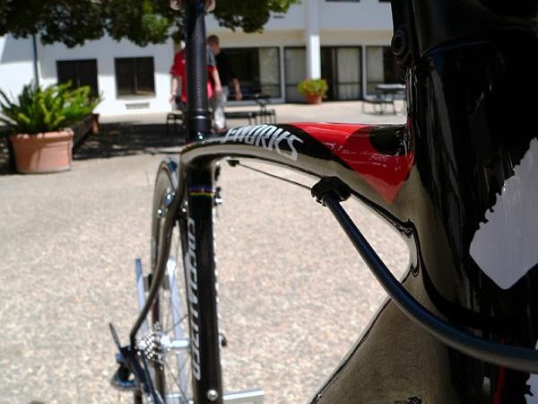 The curved top tube of the Tarmac