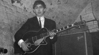 CAVERN CLUB and George HARRISON and BEATLES, George Harrison performing live onstage, playing Gretsch 6128 Duo Jet guitar