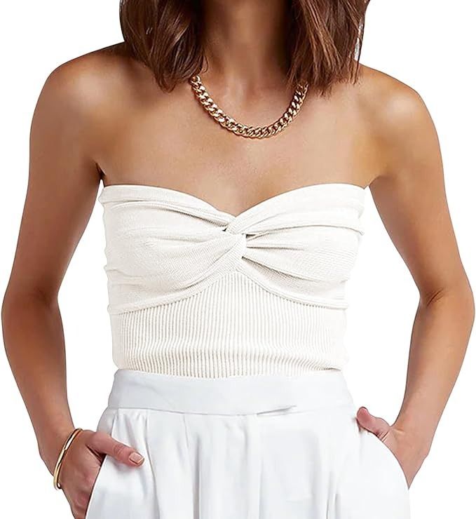 ANRABESS, Anrabess Tube Top for Women Summer Strapless Bandeau Knit Twist Knot Corset Crop Basic Tank Top 2025 Vacation Outfits Clothes White Small