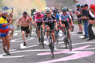 Tom Dumoulin climbs ahead of Chris Froome during stage 20 at the Giro