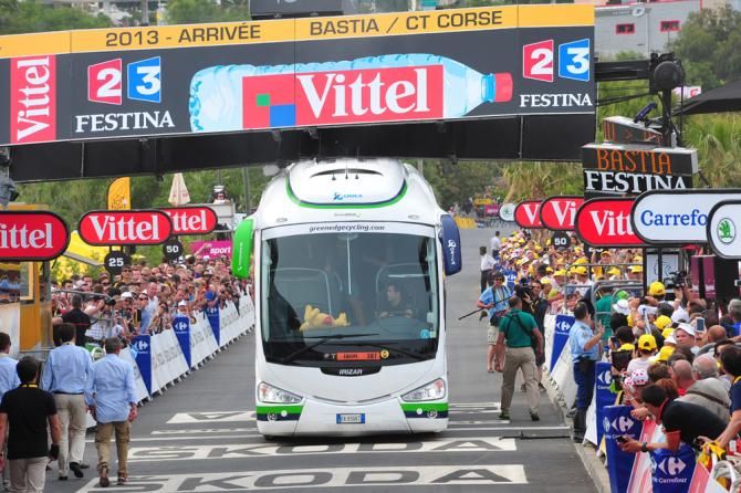 The Orica GreenEdge bus was stuck on the line