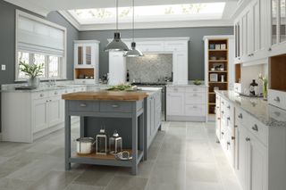 white and grey country-style kitchen from Wren Kitchens