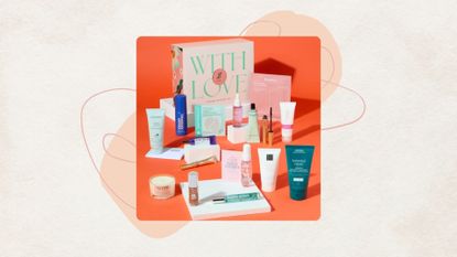 Image of the Boots Mother's Day beauty box, on a beige background with coral motifs and pink swirls