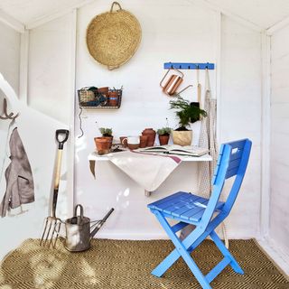 blue chair with white wall and rug
