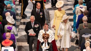 Prince William, Prince of Wales, Catherine, Princess of Wales, King Charles and Queen Camilla depart the National Service of Thanksgiving at St Paul's Cathedral on June 03, 2022