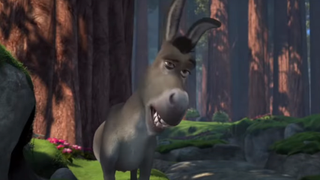 Donkey from Shrek turns his head sideways and looks like he's about to talk.