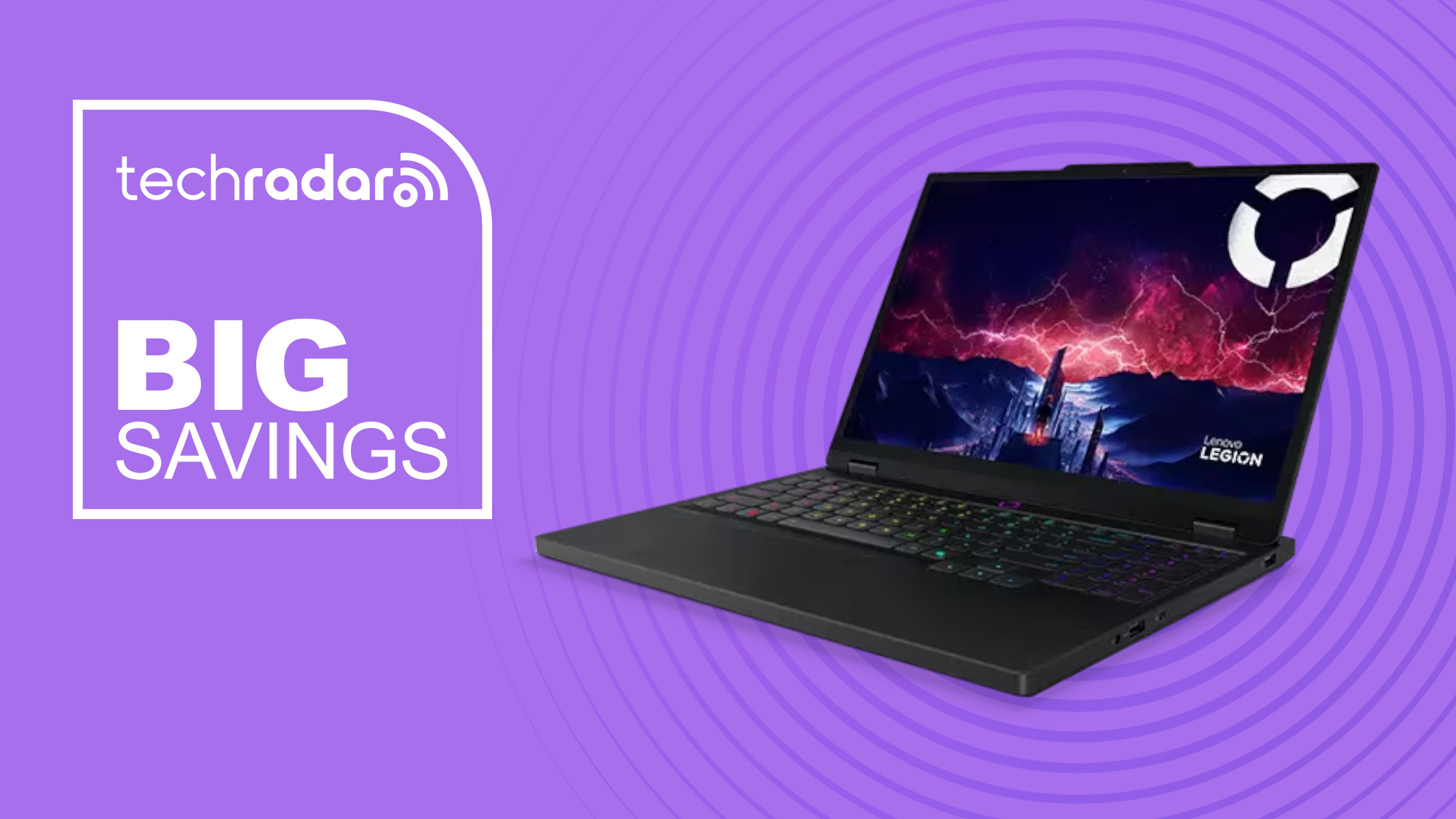 Lenovo Legion 5 10th gen gaming laptop on purple background with big savings text overlay