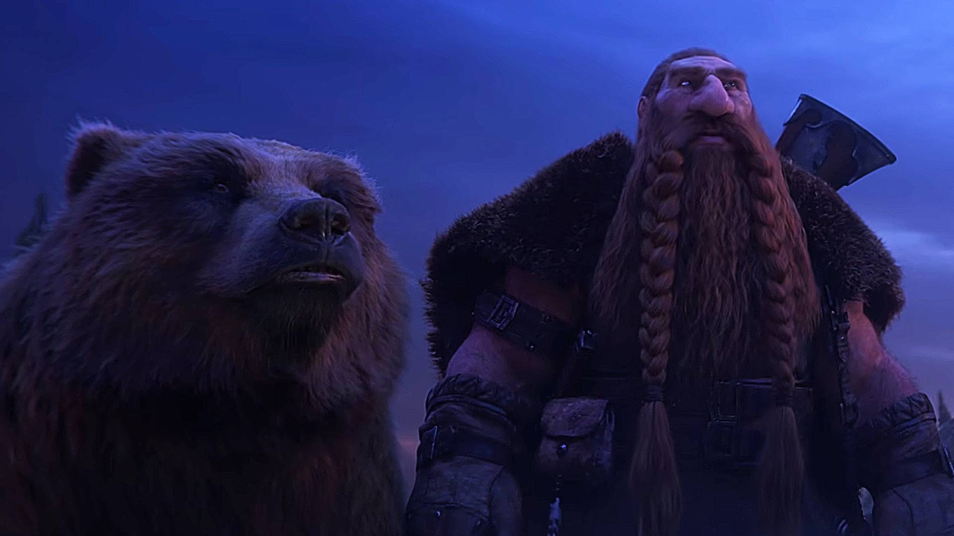 World of Warcraft: Forever trailer screenshot shows a bear stood next to a bearded man.
