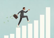 Businessman with briefcase of money running up ascending bar graph
