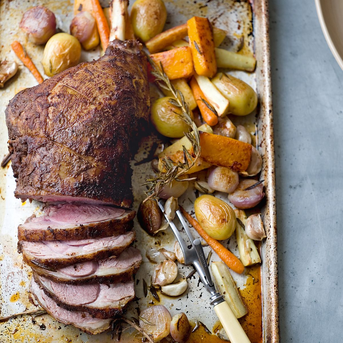 Upgrade your classic leg of lamb with this Baharat and vegetables recipe