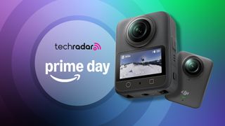 DJI Osmo 360 camera, front and back angles, on a green and purple backdrop with TechRadar Prime Day text overlay