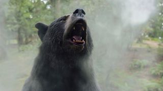 Close up of a grizzly bear surrounded by a cloud of cocaine in the Cocaine Bear movie