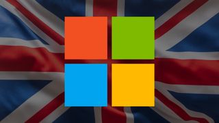 Brithish UK flag blowing in the wind with Microsoft logo