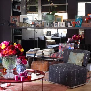 living room with books shelf and flower vase