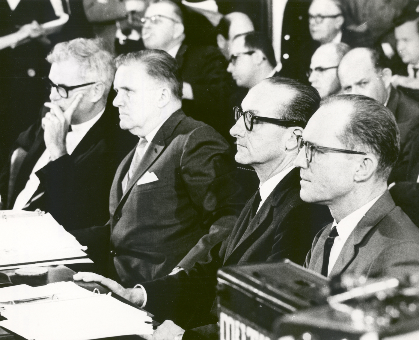 NASA administrators sit at the witness table before the Senate Committee on Aeronautical and Space Services, chaired by Senator Clinton P. Anderson, on the Apollo 1 (Apollo 204) accident. The individuals are (L to R) Dr. Robert C. Seamans, NASA Deputy Administrator; James E. Webb, NASA Administrator; Dr. George E. Mueller, Associate Administrator for Manned Space Flight, and Maj. Gen. Samuel C. Phillips, Apollo Program Director.