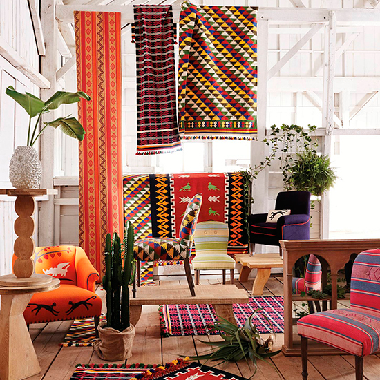 printed chair fabrics and white walls