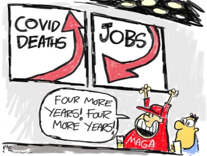 Political Cartoon U.S. Trump COVID deaths jobs 2020