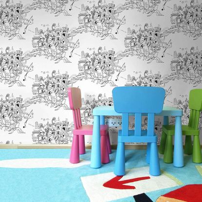 wallpaper on wall with table and chairs with carpet flooring
