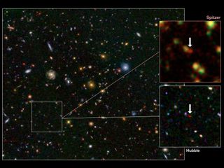 This image shows one of the most distant galaxies known, called GN-108036, dating back to 750 million years after the Big Bang that created our universe. The galaxy's light took 12.9 billion years to reach us.