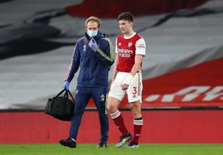 Kieran Tierney was forced off injured during Arsenal’s Premier League loss to Liverpool.