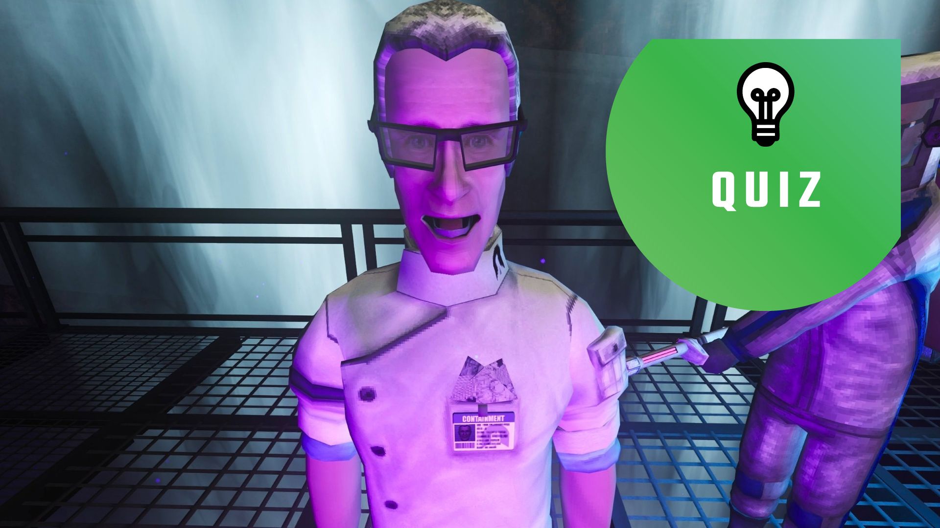 An Abiotic Factor scientist in his lab coat mid conversation. The PC Gamer quiz logo is in the the top right.