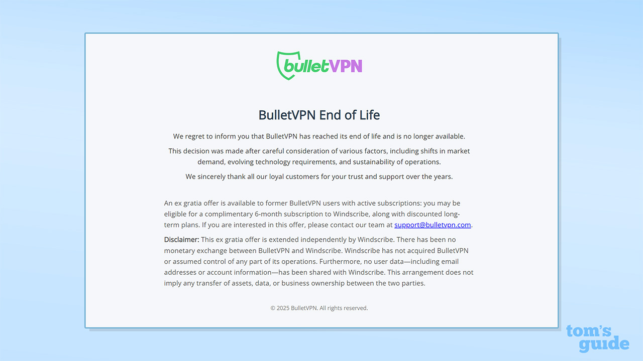 Screenshot of BulletVPN "End of Life" statement