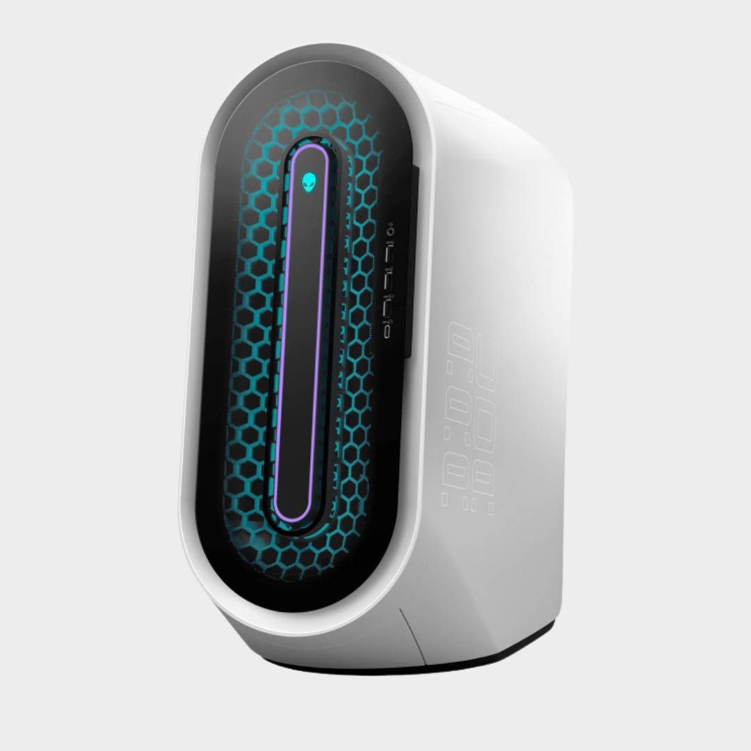 Alienware Aurora R15 at an angle with grey backdrop.