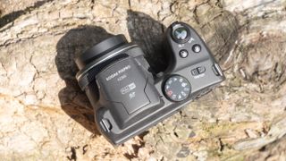 Kodak PixPro AZ255 digital camera in black on a stone surface in front of a green background outside