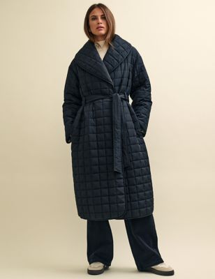 Quilted Belted Shawl Collar Wrap Coat