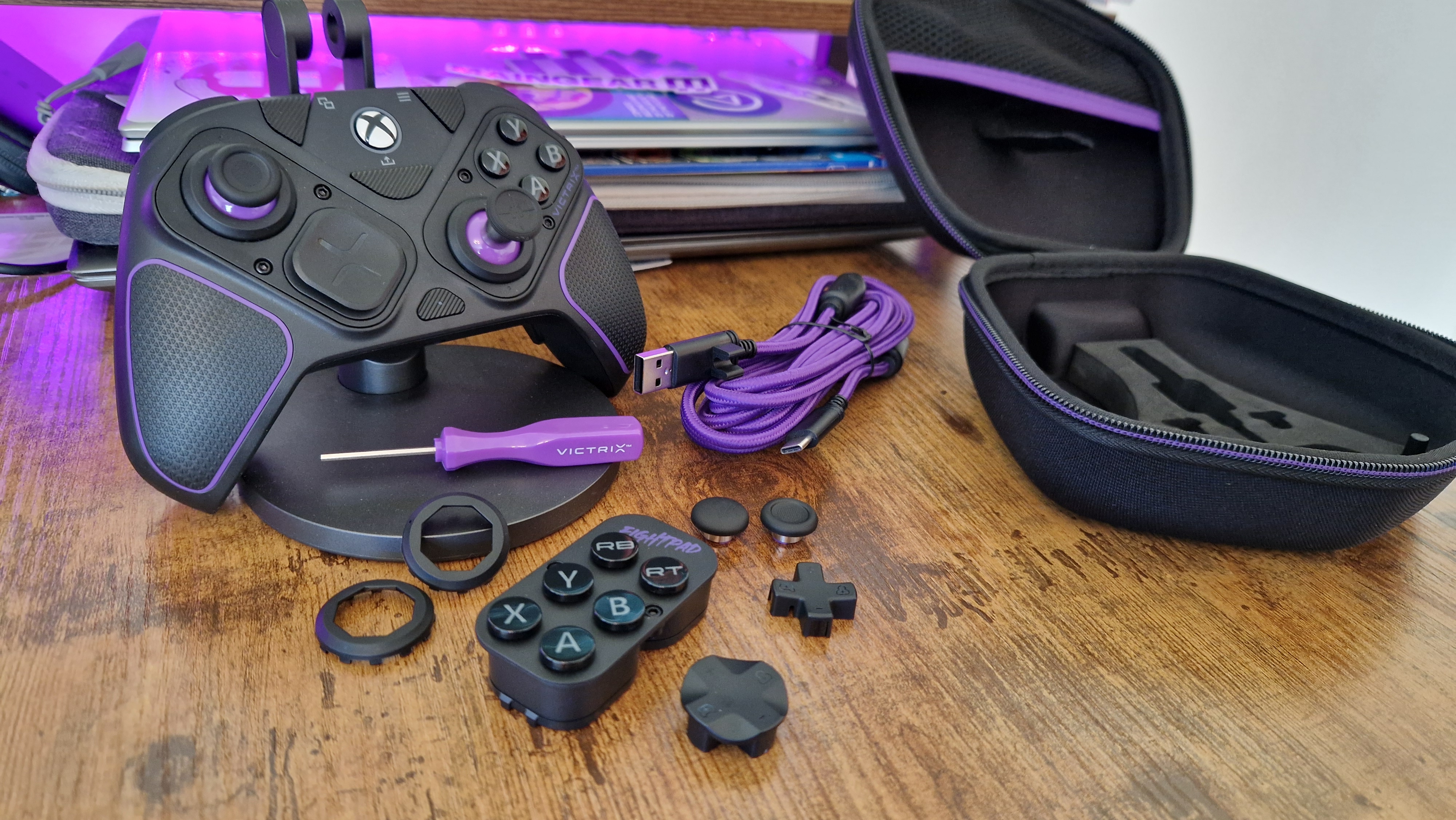 Victrix Pro BFG for Xbox review image, showing the controller and all its attachments