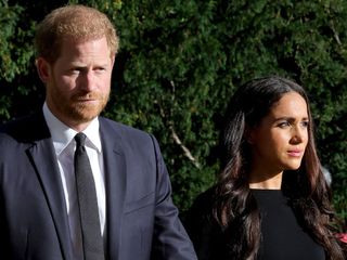 The Duke and Duchess of Sussex arrive at Windsor Castle to view flowers and tributes for Her Majesty Queen Elizabeth II