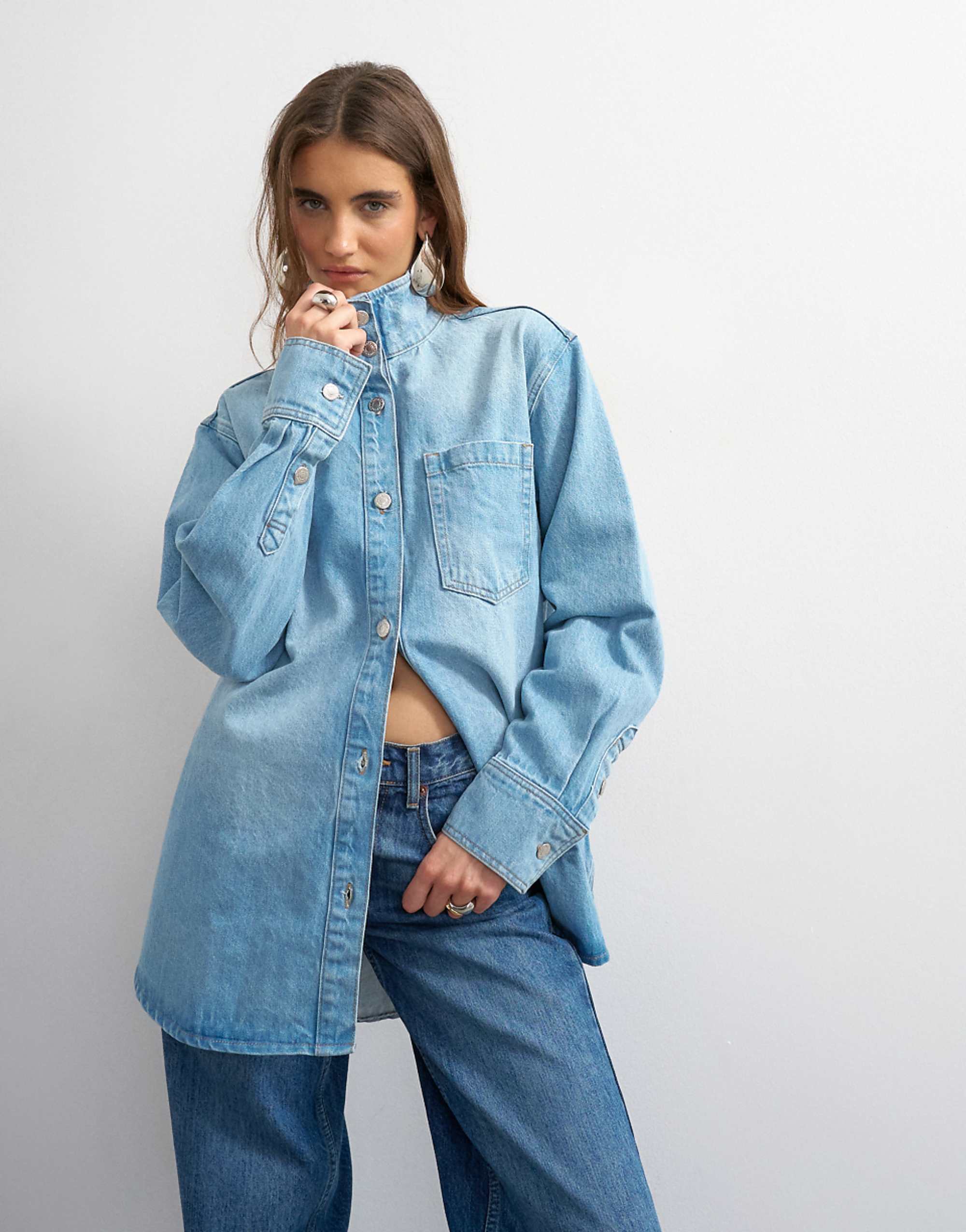 Topshop Denim Funnel Neck Shacket in Bleach