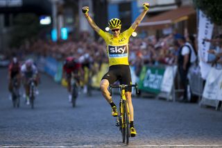 Chris Froome (Team Sky) celebrates winning the Aalst criterium