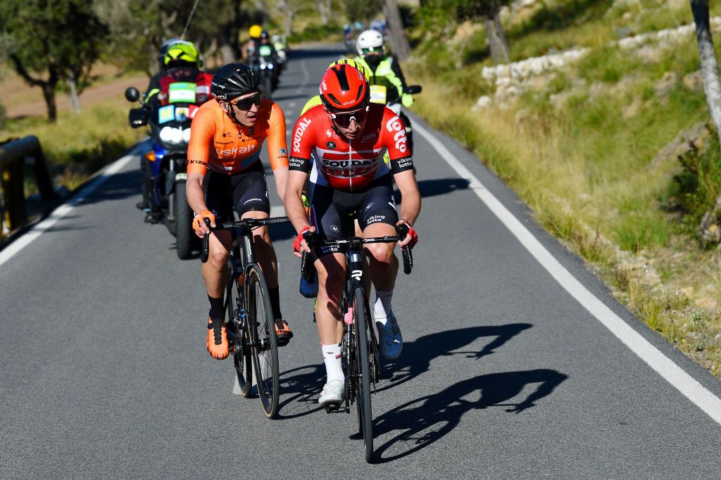 ANDRATX SPAIN JANUARY 29 LR Antonio Jess Soto Guirao of Spain and Team Euskaltel Euskadi and Matthew Holmes of United Kingdom and Team Lotto Soudal compete in the breakaway during the 31st Challenge Ciclista Mallorca 2022 Trofeo Pollena Port d Andratx a 170 km race from Pollena to Andratx 214m ChallengeMallorca on January 29 2022 in Andratx Spain Photo by Dario BelingheriGetty Images