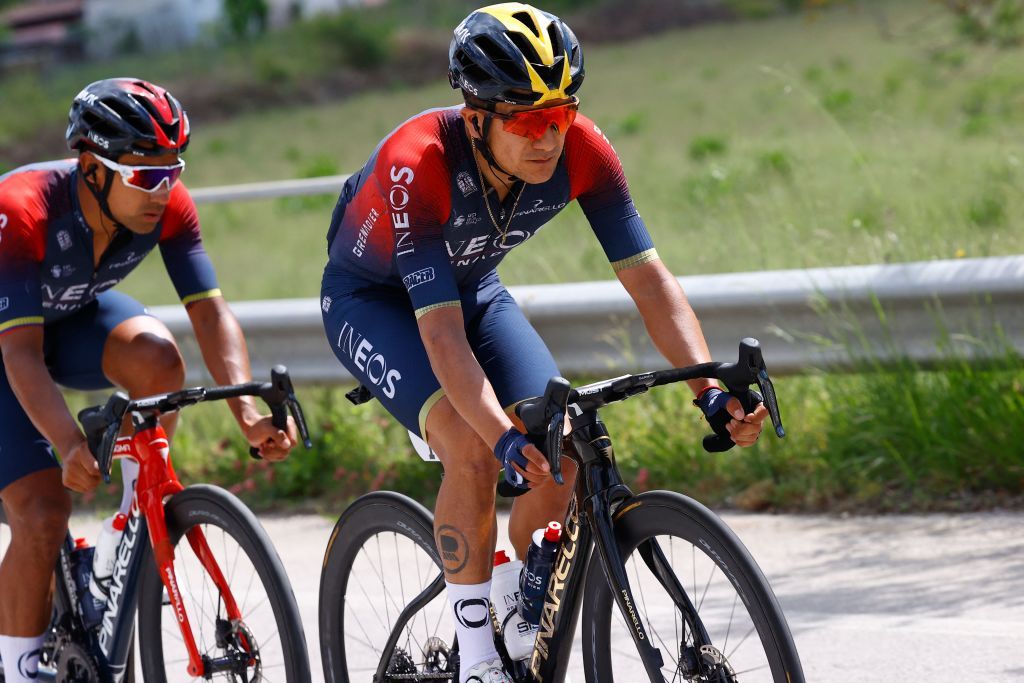 Team Ineos Ecuadorian rider Richard Carapaz rides during the 7th stage of the Giro dItalia 2022 cycling race 196 kilometers between Diamante and Potenza southwestern Italy Photo by Luca Bettini AFP Photo by LUCA BETTINIAFP via Getty Images