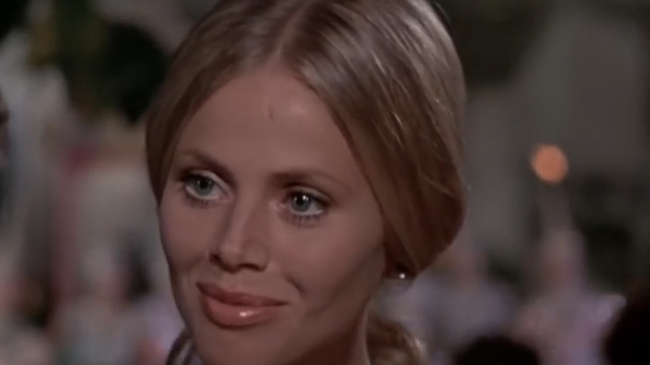 Britt Eckland in a close up, smiling, in The Man With The Golden Gun