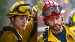 From left to right: Stephanie Arcila as Gabriela in her yellow fire helmet and Jared Padalecki as Camden wearing his red fire helmet.