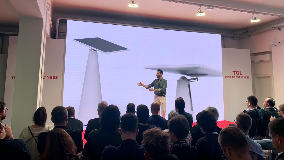 Thiago at TCL's Milan Design Week conference, showcasing the Dune TV