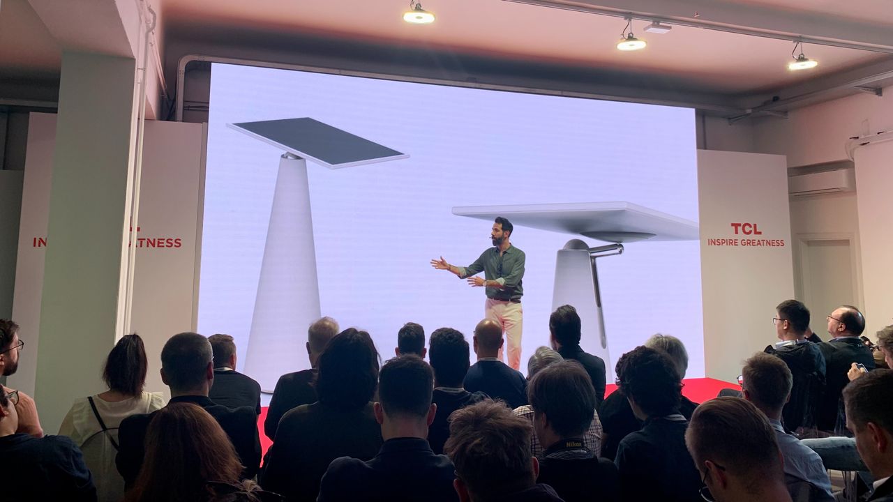 Thiago at TCL's Milan Design Week conference, showcasing the Dune TV