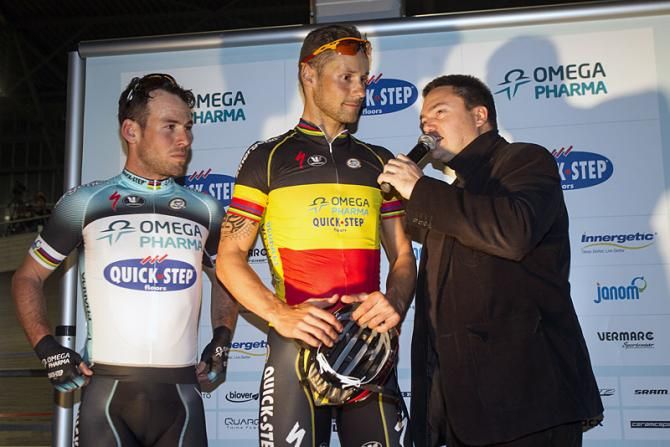 Mark Cavendish and Tom Boonen at the Omega Pharma-Quick Step launch where after introductions they took to the velodrome.