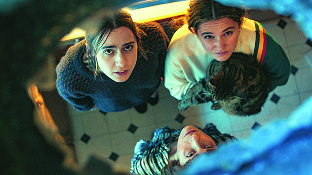 Josie, Billie (holding a cat) and Deb looking through a hole in the ceiling.