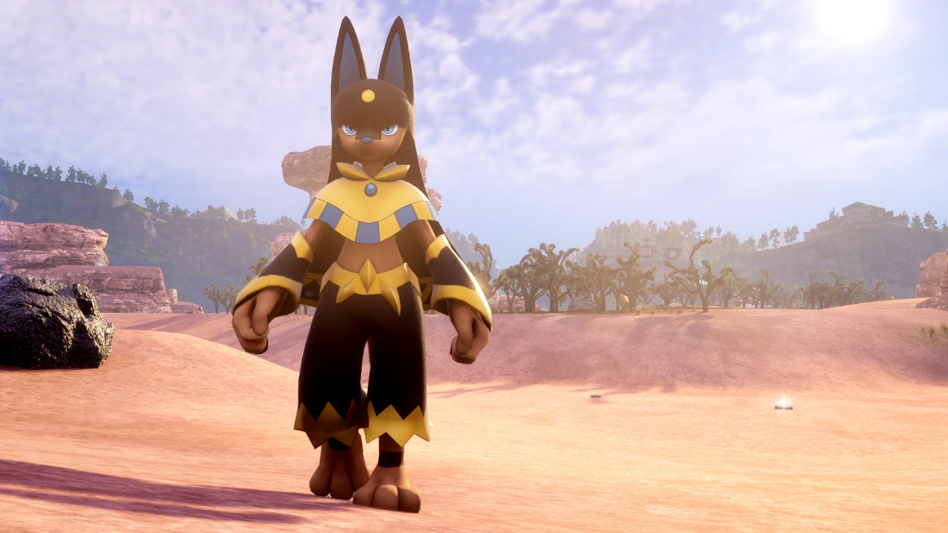 Anubis strolls through the Palworld desert.